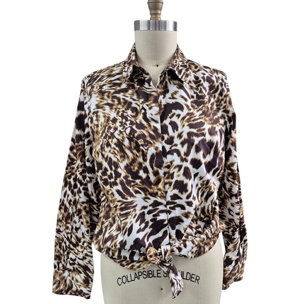 Jones New York Signature Animal Print Blouse Tie Bottom Sz XL